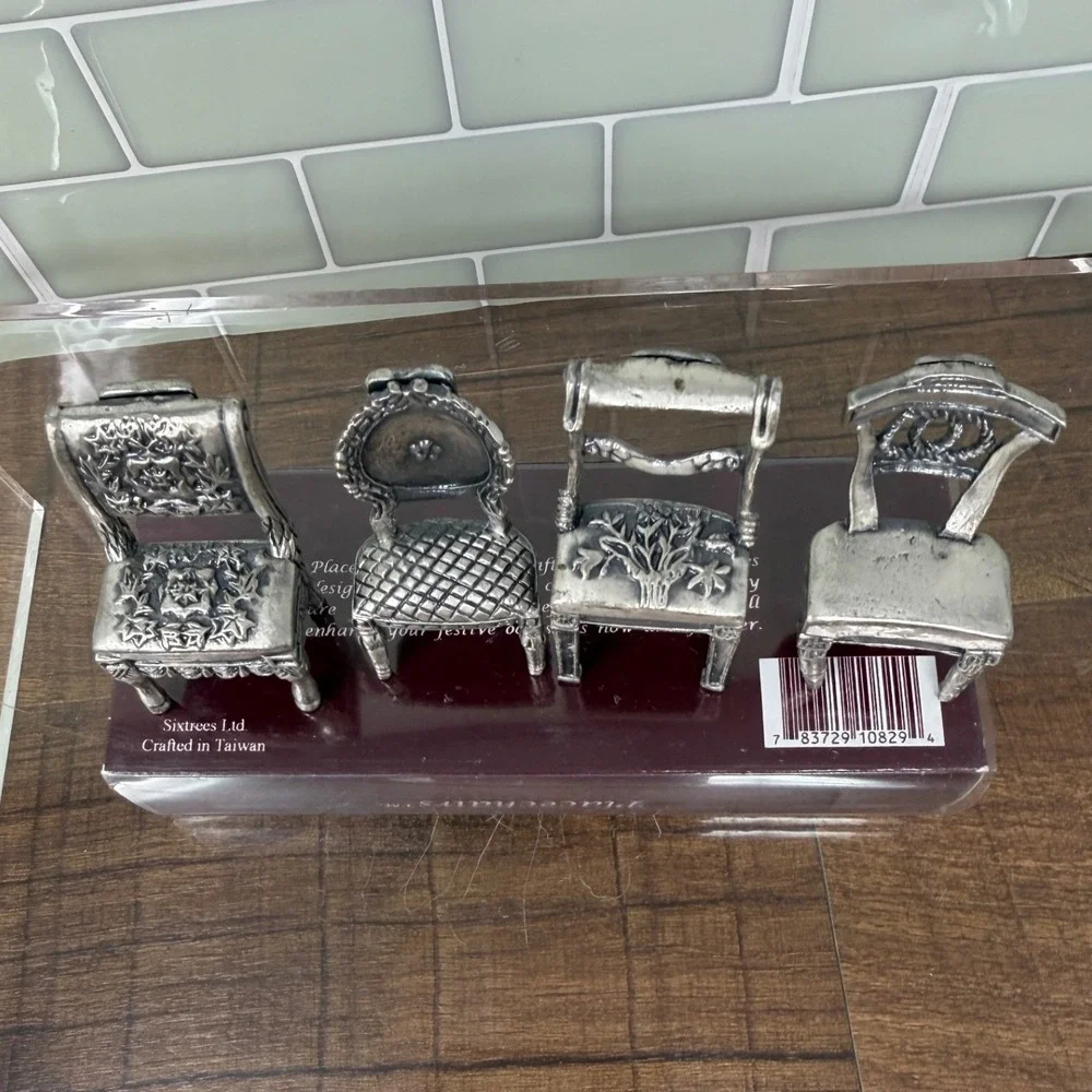 VTG Sixtrees Pewter Miniature Chairs Place Card Holders Set 8 Orig Box